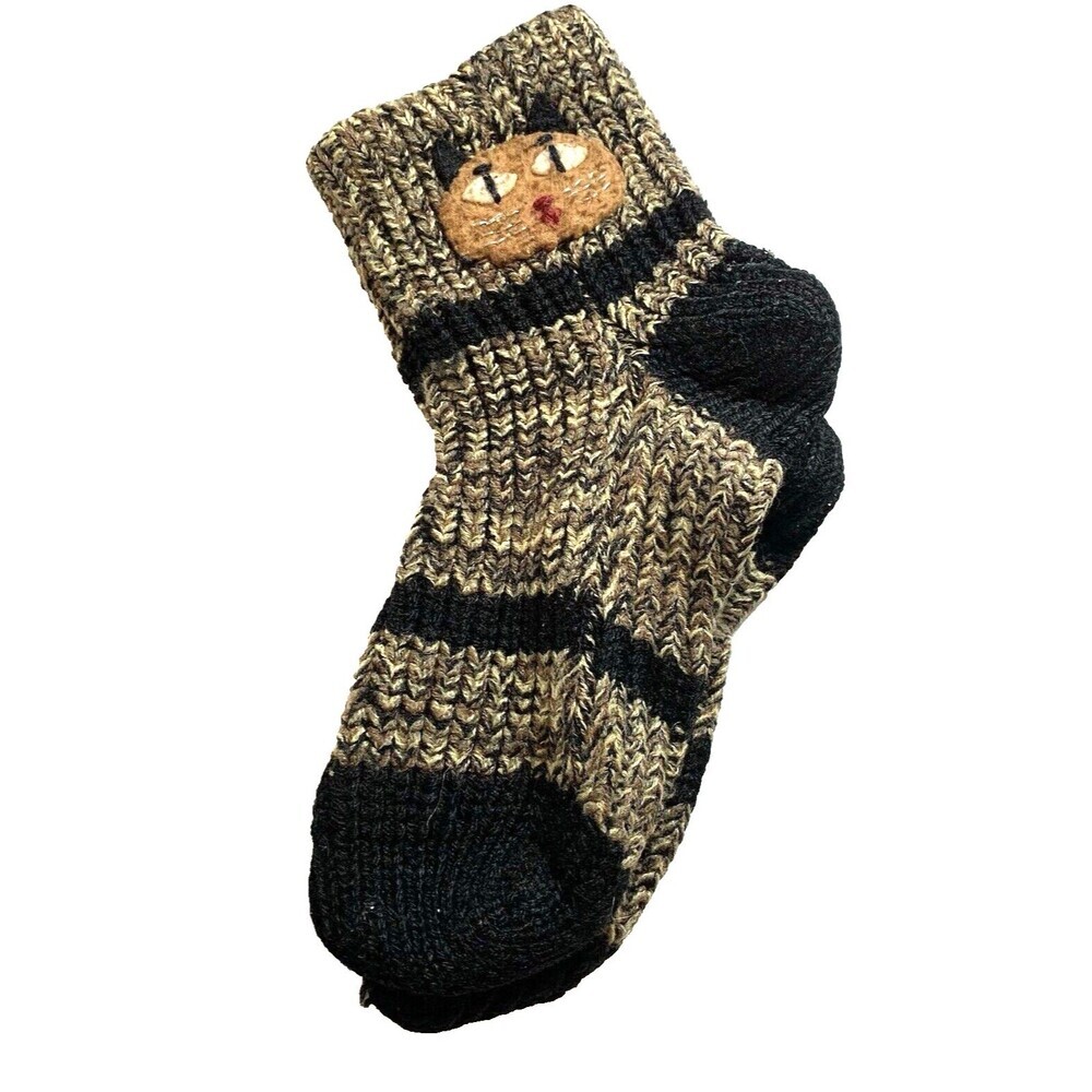 Vintage Handcrafted Kitty Cozy Warm Socks Med Multicolor Brown/Black/Gold Boho - Picture 2 of 3
